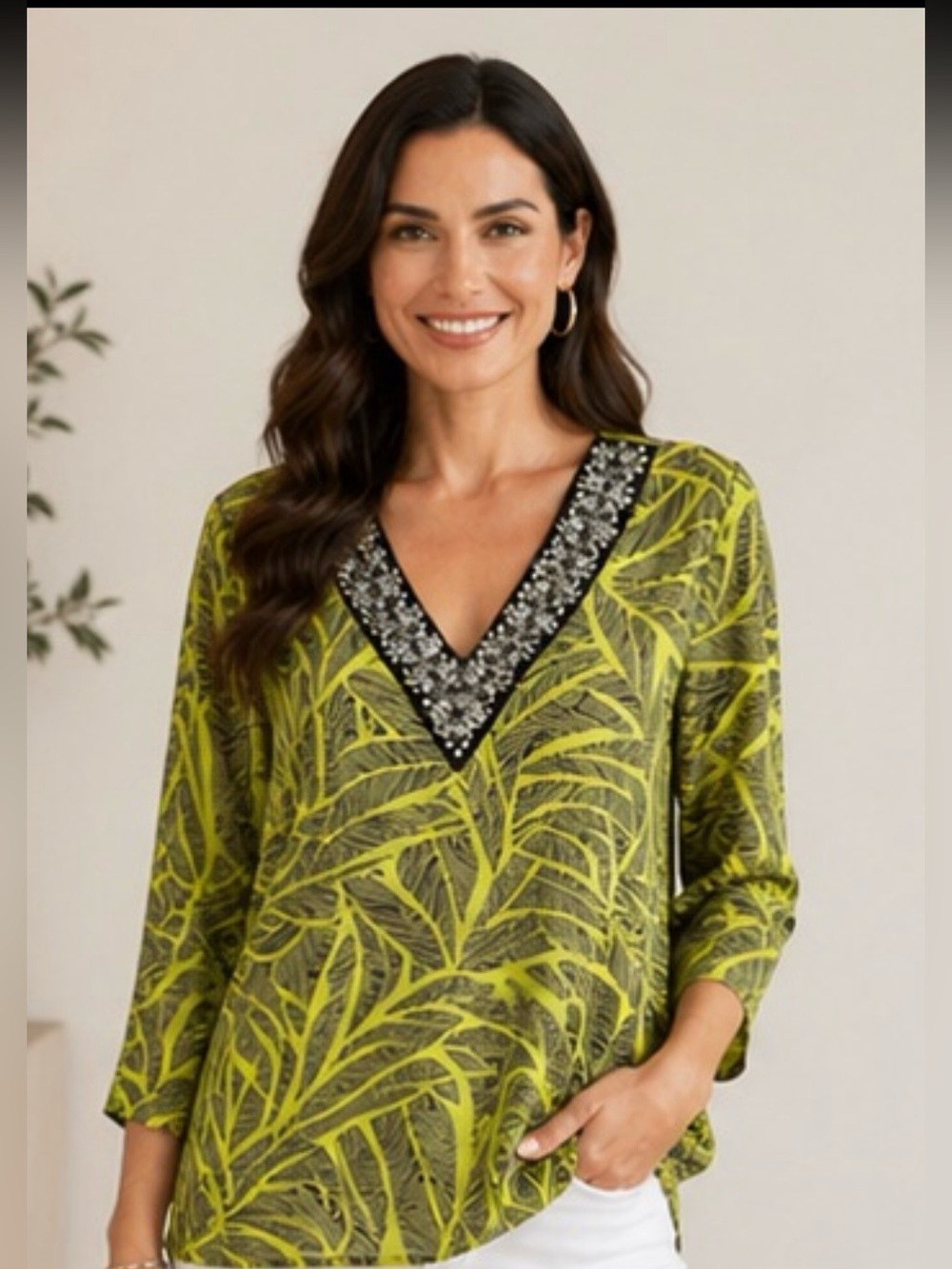 Michael Kors Embellished V-Neck Top | Green Tropical Print Blouse💚💚💚